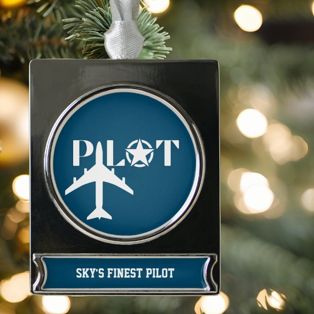Pilot & Military aeroplane, Camouflage, Minimalist Silver Plated Banner Ornament (Creator Uploaded)