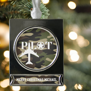 Pilot & Military aeroplane, Camouflage, Minimalist Silver Plated Banner Ornament
