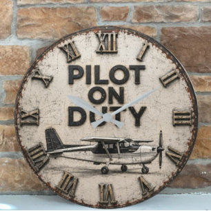 Pilot on Duty Vintage Airplane Aviation Hangar Large Clock