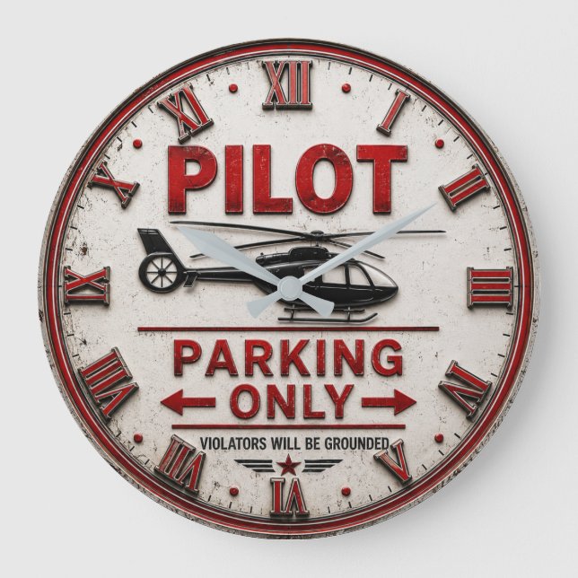 Pilot Parking Only Helicopter Aviation Hangar  Large Clock (Front)