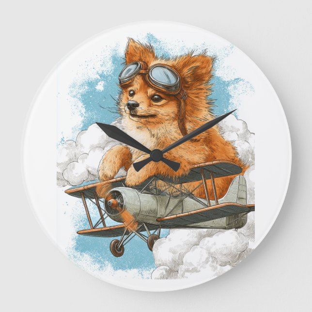 Pilot Pomeranian � Flying Ace Dog Large Clock (Front)