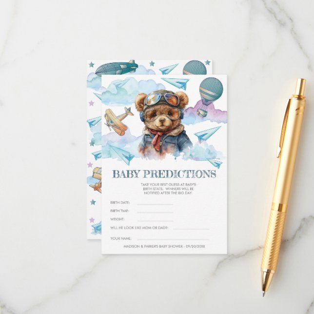 Pilot Teddy Bear Baby Shower Games Enclosure Card (Front/Back In Situ)