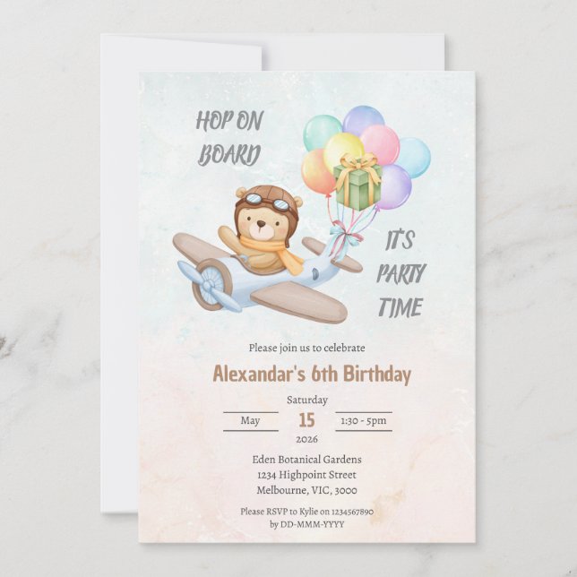 Pilot Teddy Bear Birthday Invitation (Front)