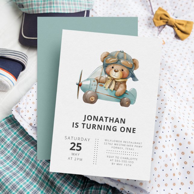 Pilot Teddy Bear Modern Simple Kids Birthday Invitation (Creator Uploaded)