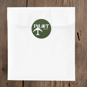 Pilot Typography & Aeroplane Military Green Custom Classic Round Sticker