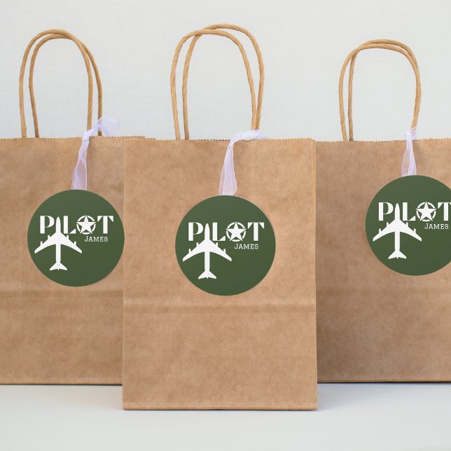 Pilot Typography & Aeroplane Military Green Custom Classic Round Sticker (Creator Uploaded)