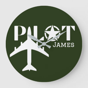 Pilot Typography & Aeroplane Minimalist Personalis Large Clock