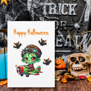 Pilot Zombie flying Airplane & Bat Funny Halloween Postcard