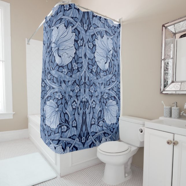 Pimpernel Blue Monotone, William Morris Shower Curtain (In Situ)