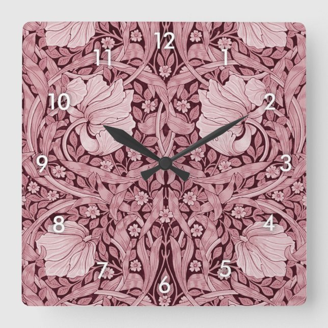 Pimpernel Maroon, William Morris Square Wall Clock (Front)