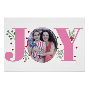 Pin and green Joy, berries Christmas holiday photo Poster