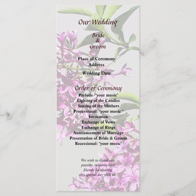 Pin Lilacs and Leaves Wedding Program (Front)