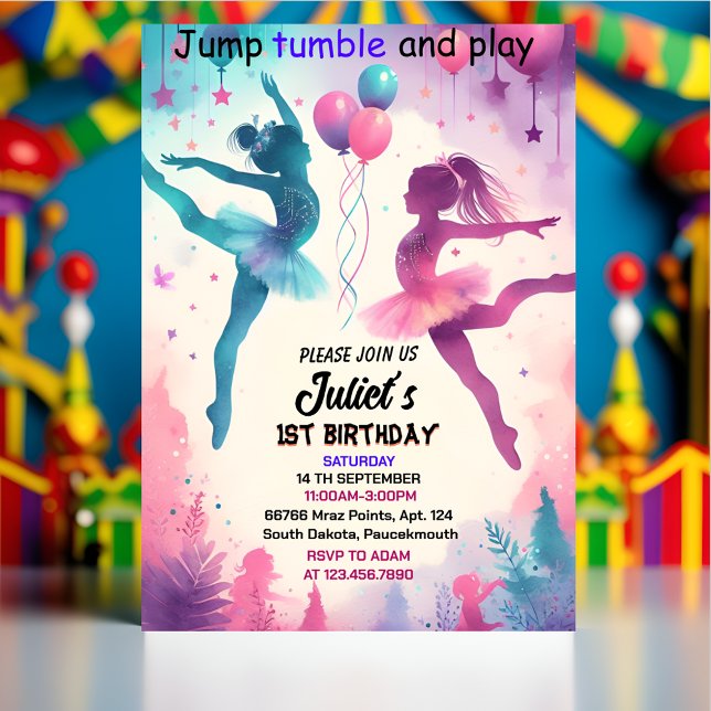Pin modern cute Jump girl gymnastics 10th birthday Invitation (Creator Uploaded)
