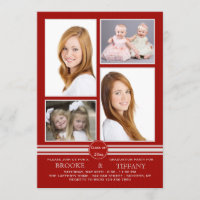 Pin Stripe Four Photo Red Graduation Invitation