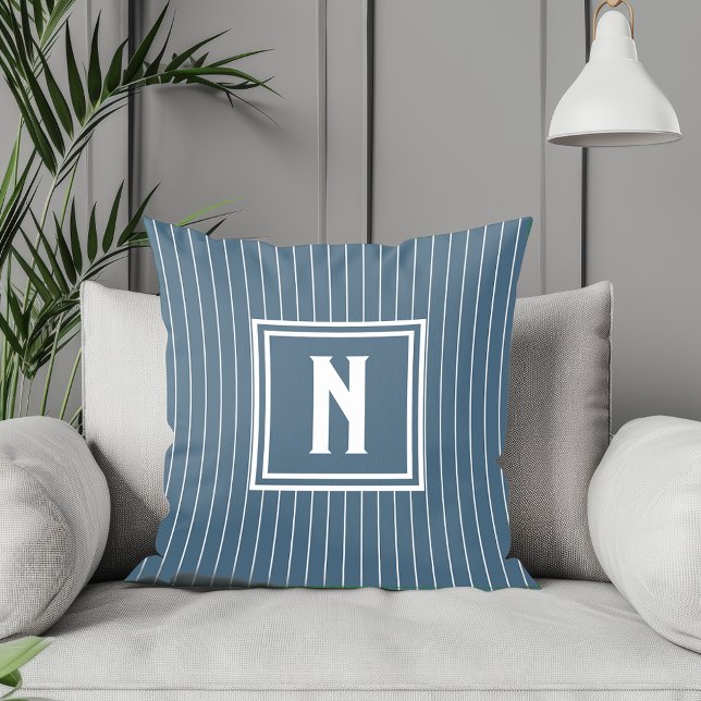 Pin Stripe - Navy + White - Monogram Cushion (Creator Uploaded)