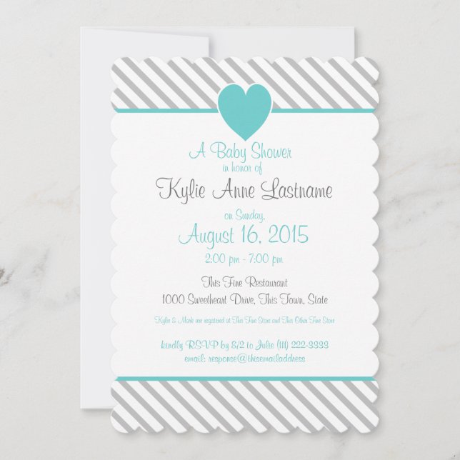 Pin Stripes and Heart Grey and Aqua Invitation (Front)
