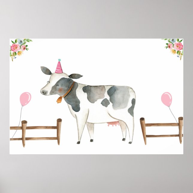 Pin the Tail Cow Farm Animals Girl Birthday Pink Poster (Front)