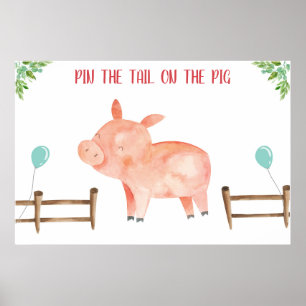 Pin the Tail Pig Farm Animals Boy Birthday Poster