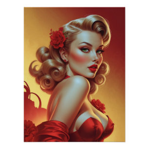 Pin-Up Blonde in Red Dress Poster