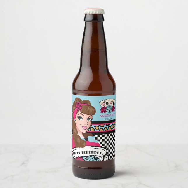 Pin-up Girl, Chequered & Leopard Beer Bottle Label (Front)