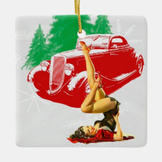 Pin Up Girl Classic Car Ceramic Ornament (Front)
