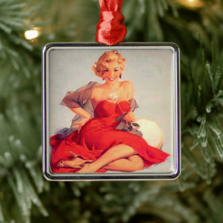 Pin Up Girl Red Dress and Rose Metal Ornament