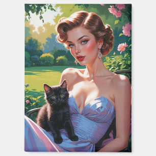 Pin-Up in Spring Garden with Cute Black Kitten Magnet