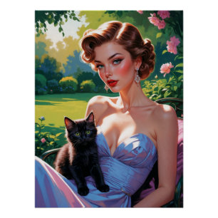 Pin-Up in Spring Garden with Cute Black Kitten Poster