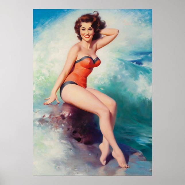 Pin-Up Posing Next to the Surf Art Poster (Front)