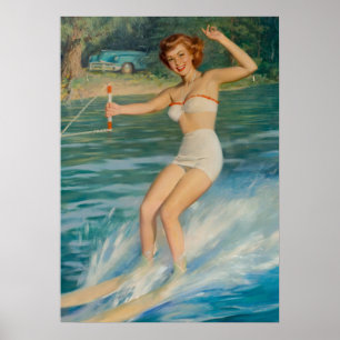 Pin-Up Skiing Women Art Poster