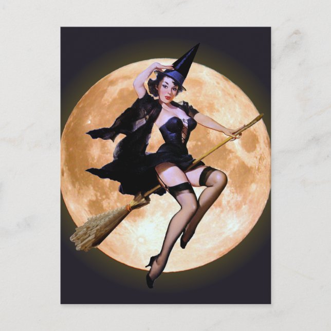 Pin-Up Witch Against a Harvest Moon Postcard (Front)