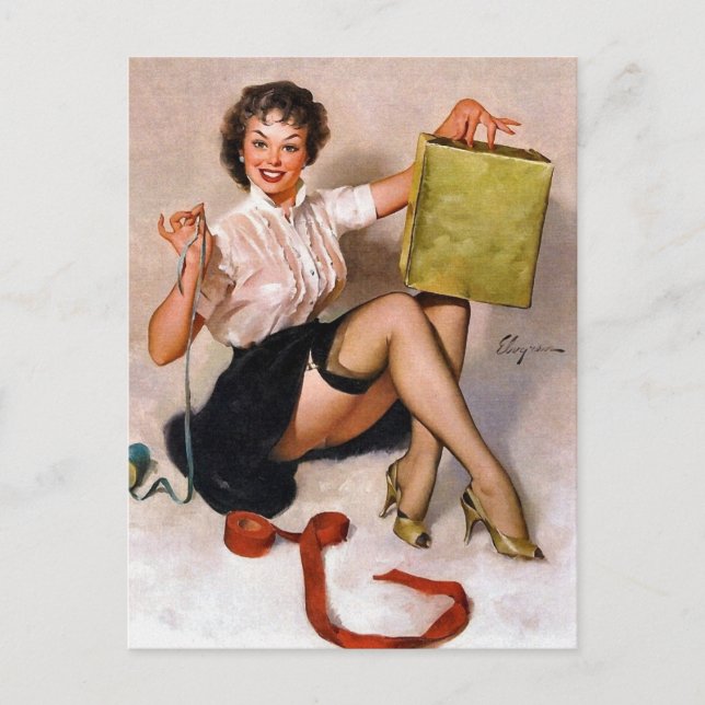 Pin-Up Wrapping Present Postcard (Front)