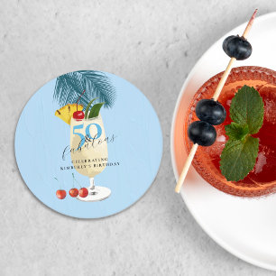 Pina Colada Cherry Cocktail 50th Birthday Party Round Paper Coaster
