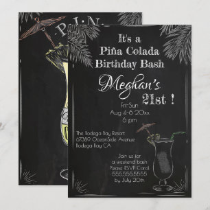 Piña Colada Cocktail Vintage Chalk 21st Birthday Invitation
