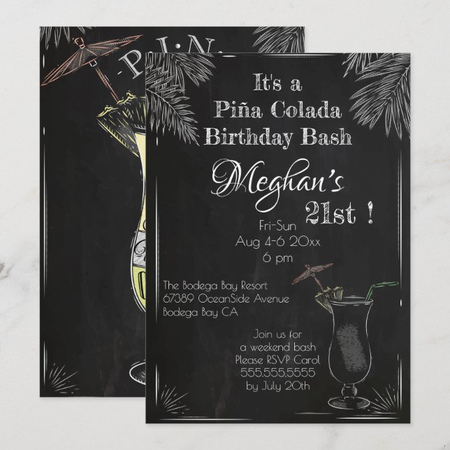 Piña Colada Cocktail Vintage Chalk 21st Birthday Invitation (Front/Back)