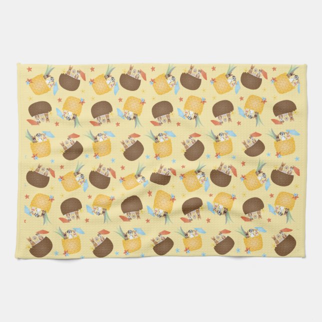 Pina Colada Pineapple Coconut Dogs Pattern Tea Towel (Horizontal)