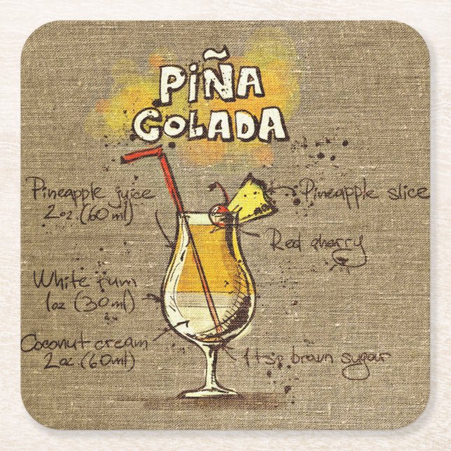 Pina Colada Recipe Bar Burlap Square Paper Coaster (Front)