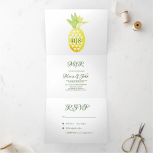 Pina Watercolor Pineapple Fruit Tropic Wedding Tri-Fold Invitation