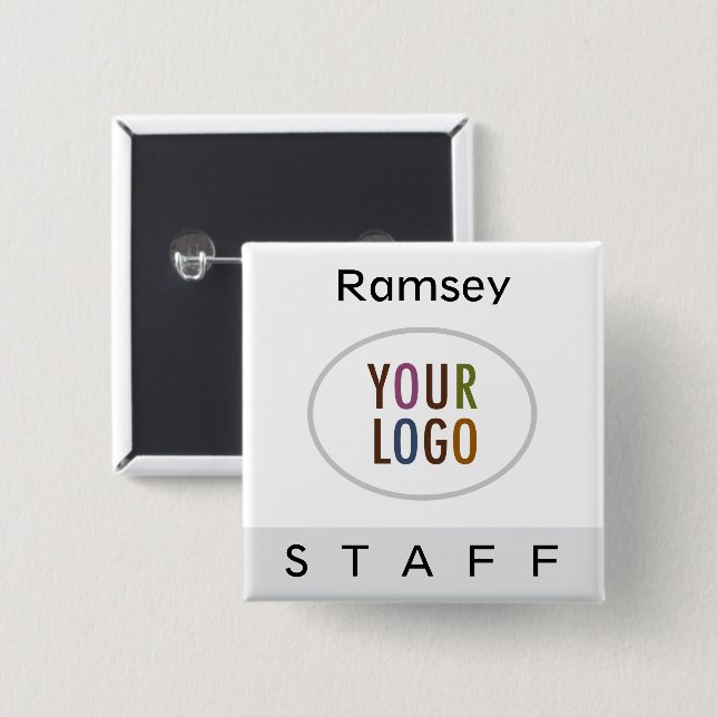 Pinback Staff Name Badge with Logo Grey Square (Front & Back)