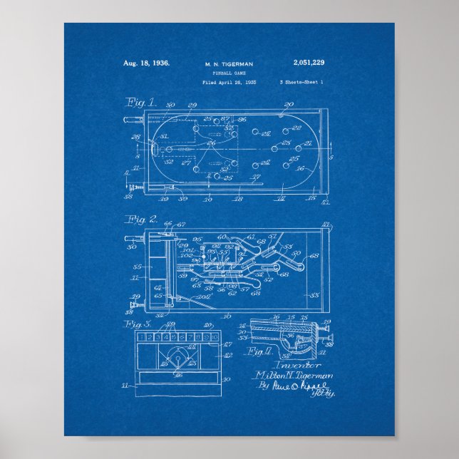 Pinball Game Patent - Blueprint Poster (Front)