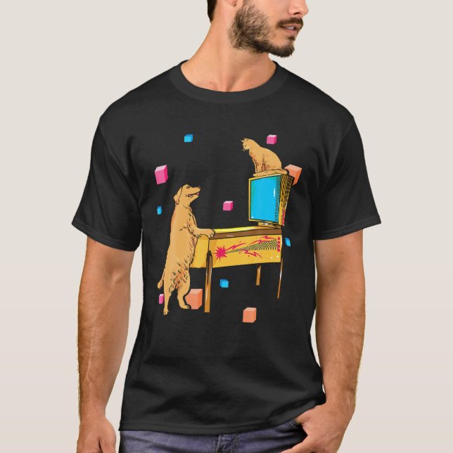 Pinball Wizard Dog Cat Playing Pinball Machine Shi T-Shirt (Front)