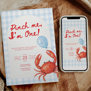 Pinch Me I'm One Boy Birthday Invitation Crab