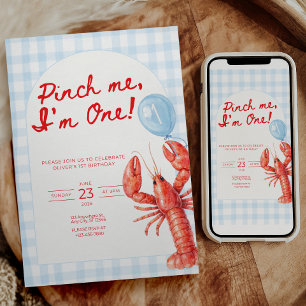 Pinch Me I'm One Boy Birthday Invitation Lobster