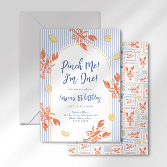Pinch Me Lobster Birthday Coastal Stripes Invitation (Creator Uploaded)