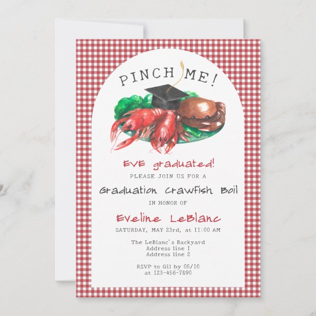 Pinch Me! Seafood Crawfish Boil Funny Graduation Invitation (Front)