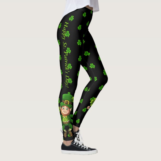 Pinch Proof Happy St. Patrick's Day Green Clover Leggings (Right)