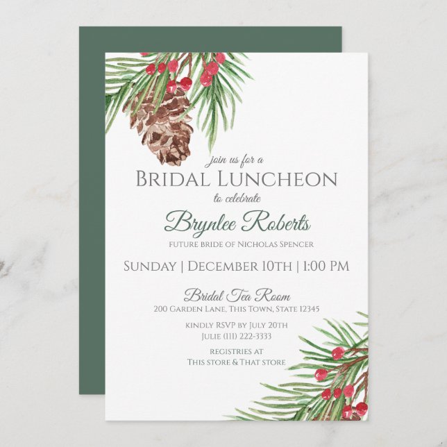 Pine and Berries Winter Bridal Luncheon Invitation (Front/Back)