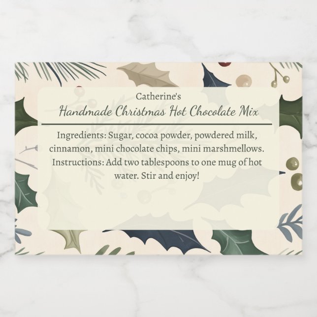Pine and Holly Leaves Christmas Hot Chocolate Mix  Food Label (Single Label)