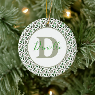 Pine and holly personalised ceramic ornament