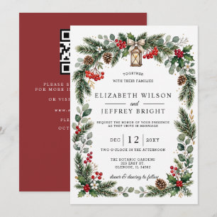 Pine Berries Winter Christmas QR Code Wedding Invitation